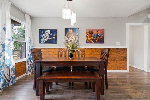 Dining room, Interior, Pendant Lights, Wood Texture Flooring