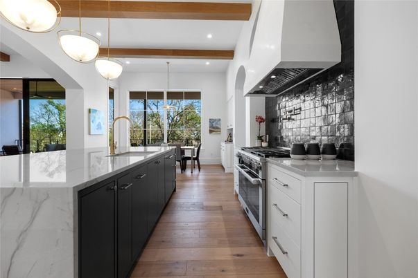 Interior, Kitchen, Pendant Lights, Recessed Lighting, Stainless Steel Appliances, Wooden Beams, Wood Texture Flooring