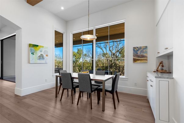 Dining room, Interior, Pendant Lights, Recessed Lighting, Wood Texture Flooring