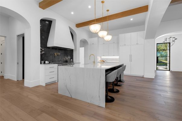 Interior, Kitchen, Pendant Lights, Recessed Lighting, Wooden Beams, Wood Texture Flooring