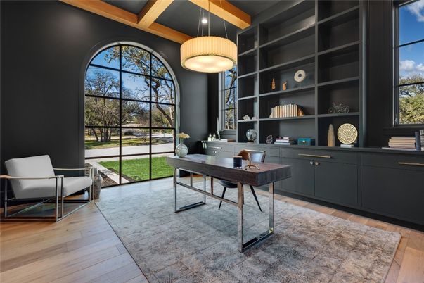 Home Office, Interior, Pendant Lights, Wooden Beams, Wood Texture Flooring