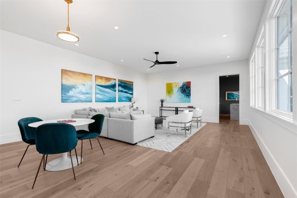 Dining room, Interior, Living room, Pendant Lights, Recessed Lighting, Wood Texture Flooring