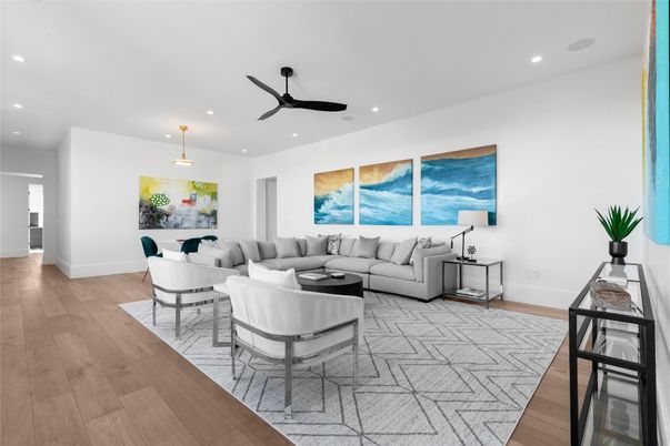 Dining room, Interior, Living room, Pendant Lights, Recessed Lighting, Wood Texture Flooring