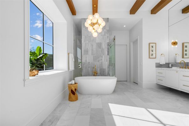 Bathroom, Dual Sink Vanities, Free Standing Baths, Glass Shower, Interior, Marble, Pendant Lights, Recessed Lighting, Wooden Beams