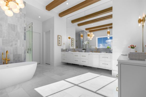 Bathroom, Dual Sink Vanities, Free Standing Baths, Glass Shower, Interior, Pendant Lights, Recessed Lighting, Wooden Beams