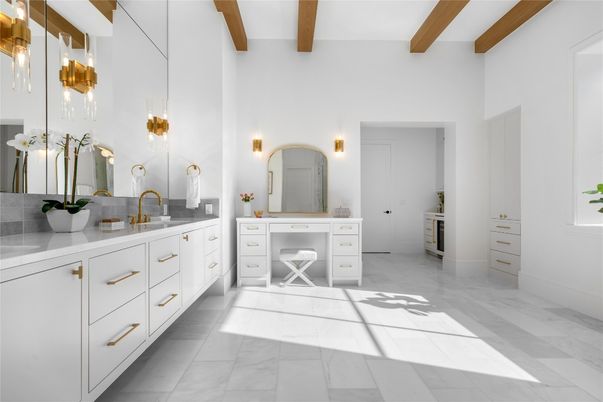 Bathroom, Dual Sink Vanities, Interior, Marble, Wooden Beams