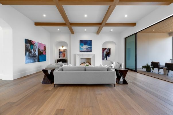 Fireplace, Interior, Living room, Recessed Lighting, Wooden Beams, Wood Texture Flooring