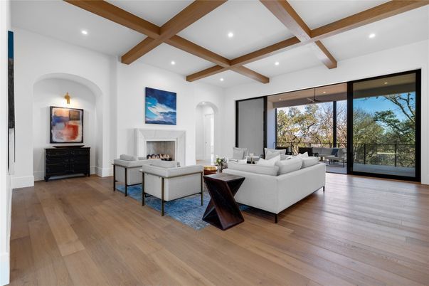 Fireplace, Interior, Living room, Recessed Lighting, Wooden Beams, Wood Texture Flooring