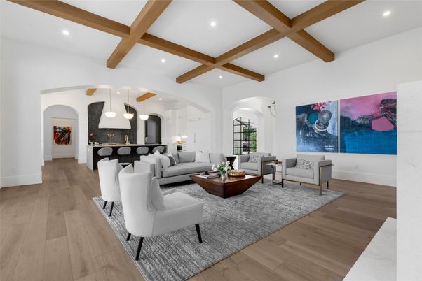 Interior, Living room, Pendant Lights, Recessed Lighting, Wooden Beams, Wood Texture Flooring