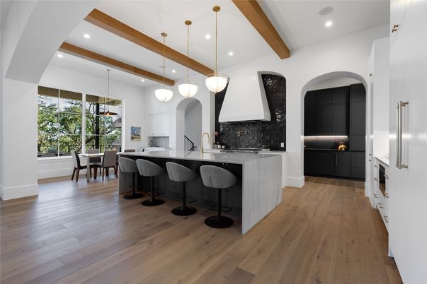 Dining room, Interior, Kitchen, Pendant Lights, Recessed Lighting, Wooden Beams, Wood Texture Flooring