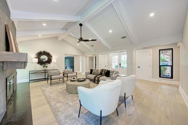 Fireplace, Interior, Living room, Recessed Lighting, Wood Texture Flooring