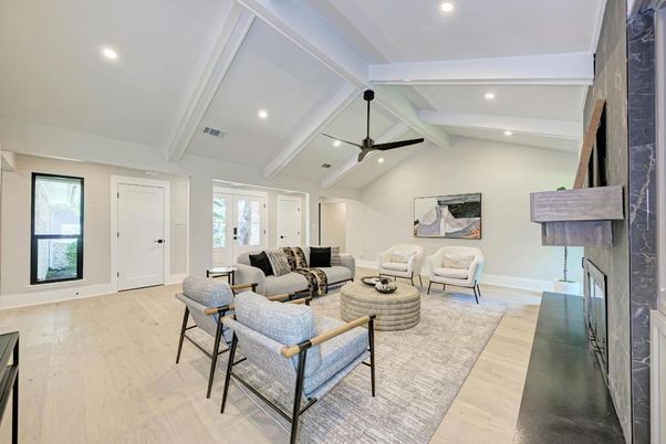 Fireplace, Interior, Living room, Recessed Lighting, Wood Texture Flooring