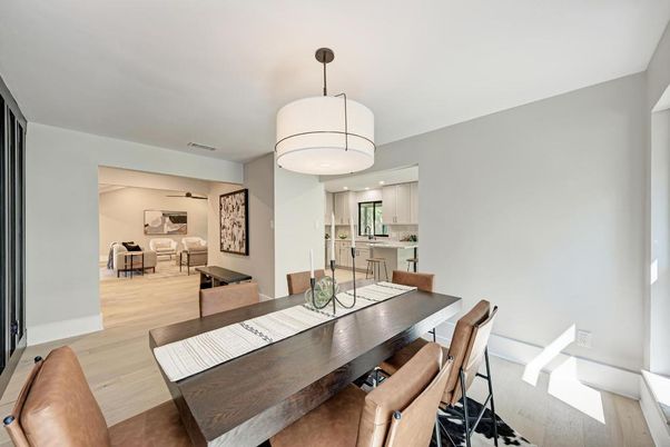 Dining room, Interior, Kitchen, Pendant Lights, Wood Texture Flooring