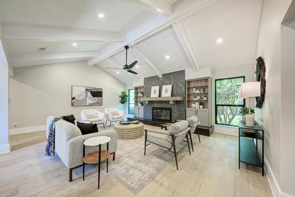 Fireplace, Interior, Living room, Recessed Lighting, Wood Texture Flooring