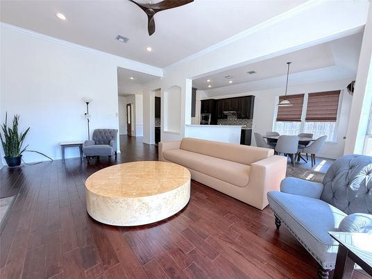 Dining room, Interior, Kitchen, Living room, Pendant Lights, Recessed Lighting, Wood Texture Flooring