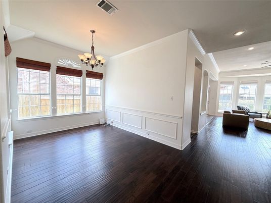 Chandelier, Empty room, Interior, Recessed Lighting, Wood Texture Flooring