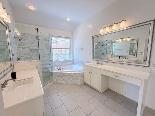 Bathroom, Dual Sink Vanities, Glass Shower, Interior, Recessed Lighting