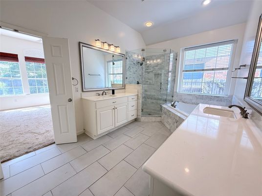 Bathroom, Dual Sink Vanities, Glass Shower, Interior, Recessed Lighting