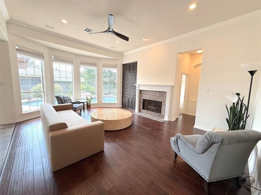 Fireplace, Interior, Living room, Recessed Lighting, Wood Texture Flooring