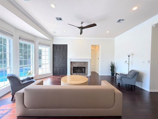 Fireplace, Interior, Living room, Recessed Lighting, Wood Texture Flooring