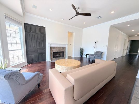 Fireplace, Interior, Living room, Recessed Lighting, Wood Texture Flooring