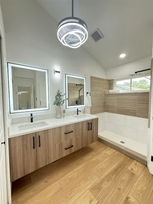 Bathroom, Dual Sink Vanities, Interior, Pendant Lights, Recessed Lighting, Wood Texture Flooring