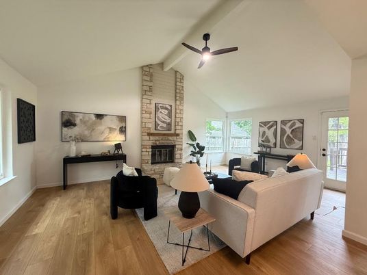 Fireplace, Interior, Living room, Stone Walls, Wood Texture Flooring