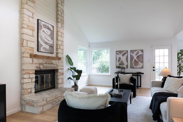Fireplace, Interior, Living room, Stone Walls, Wood Texture Flooring