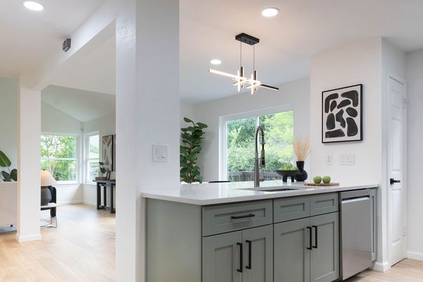 Interior, Kitchen, Pendant Lights, Recessed Lighting, Wood Texture Flooring