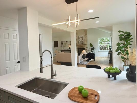 Fireplace, Interior, Kitchen, Living room, Pendant Lights, Recessed Lighting, Wood Texture Flooring