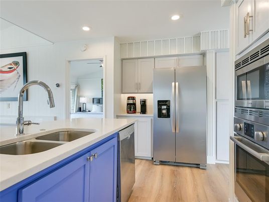 Interior, Kitchen, Recessed Lighting, Stainless Steel Appliances, Wood Texture Flooring