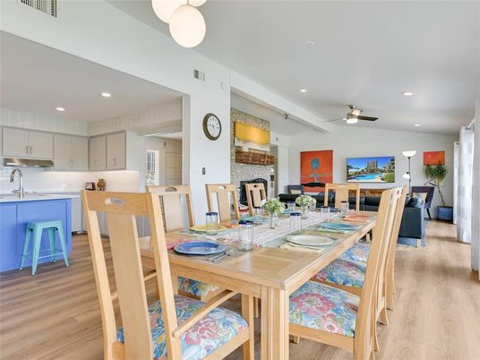 Dining room, Fireplace, Interior, Kitchen, Pendant Lights, Recessed Lighting, Stone Walls, Wood Texture Flooring