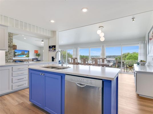 Dining room, Interior, Kitchen, Recessed Lighting, Stainless Steel Appliances, Wood Texture Flooring
