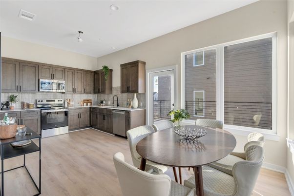 Dining room, Interior, Kitchen, Stainless Steel Appliances, Wood Texture Flooring