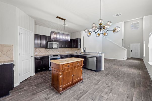 Interior, Kitchen, Pendant Lights, Wood Texture Flooring