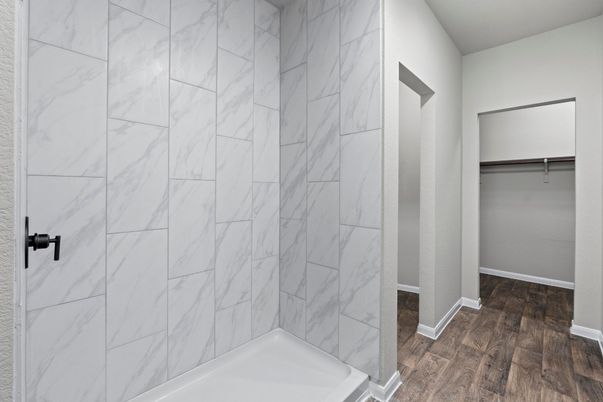 Bathroom, Interior, Marble Walls, Wood Texture Flooring