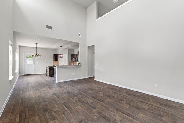 Empty room, Interior, Kitchen, Pendant Lights, Wood Texture Flooring