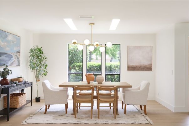 Dining room, Interior, Pendant Lights, Wood Texture Flooring