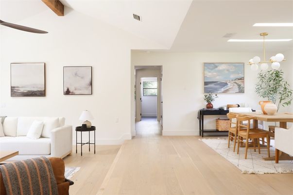 Dining room, Interior, Pendant Lights, Wood Texture Flooring