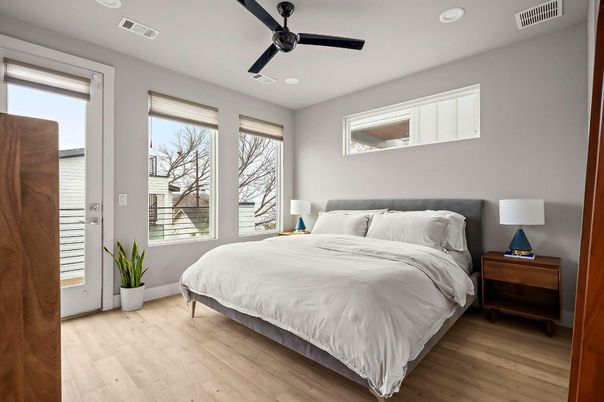Bedroom, Interior, Recessed Lighting, Wood Texture Flooring