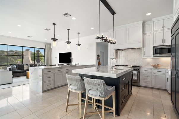 Interior, Kitchen, Marble Walls, Pendant Lights, Recessed Lighting, Stainless Steel Appliances