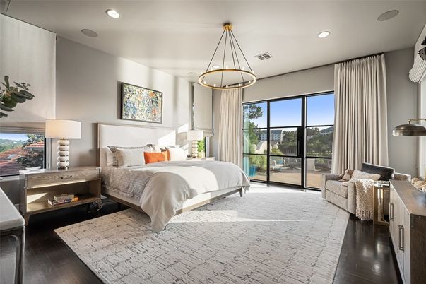 Bedroom, Interior, Pendant Lights, Recessed Lighting, Wood Texture Flooring
