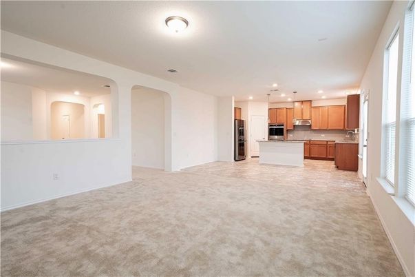 Empty room, Interior, Kitchen, Pendant Lights, Recessed Lighting, Stainless Steel Appliances