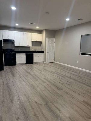 Empty room, Interior, Kitchen, Recessed Lighting, Wood Texture Flooring