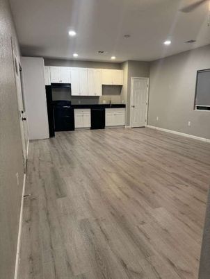 Empty room, Interior, Kitchen, Recessed Lighting, Wood Texture Flooring