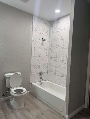 Bathroom, Interior, Marble Walls, Recessed Lighting, Wood Texture Flooring