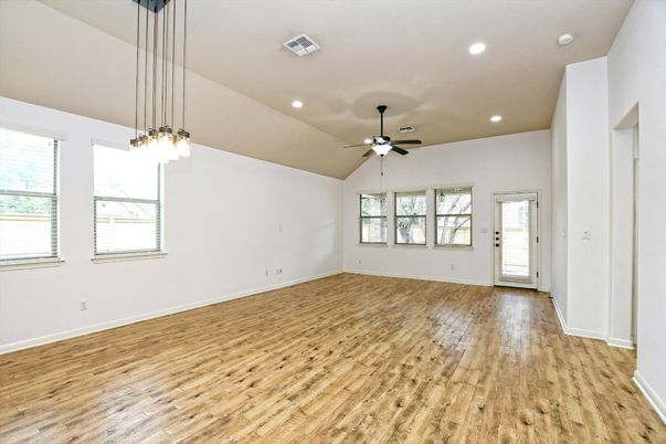 Empty room, Interior, Pendant Lights, Recessed Lighting, Wood Texture Flooring