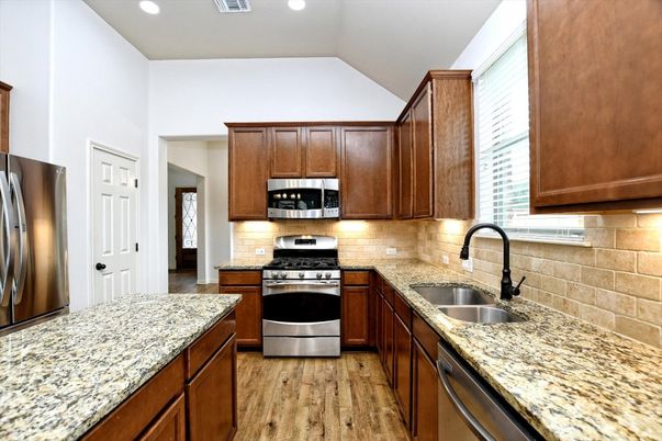 Interior, Kitchen, Recessed Lighting, Stainless Steel Appliances, Wood Texture Flooring