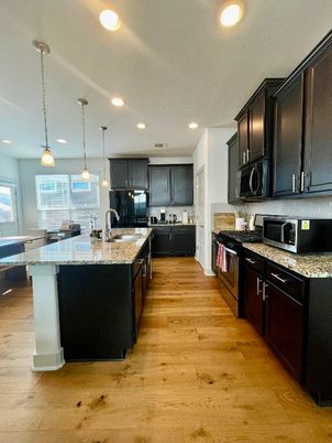 Interior, Kitchen, Pendant Lights, Recessed Lighting, Wood Texture Flooring
