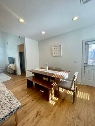 Dining room, Interior, Recessed Lighting, Wood Texture Flooring